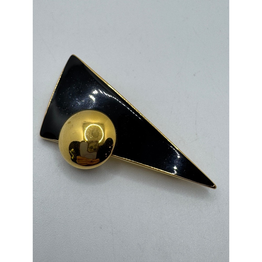 Monet Vintage Black Enamel Gold Tone Geometric Triangle Sphere Brooch Pin 80s